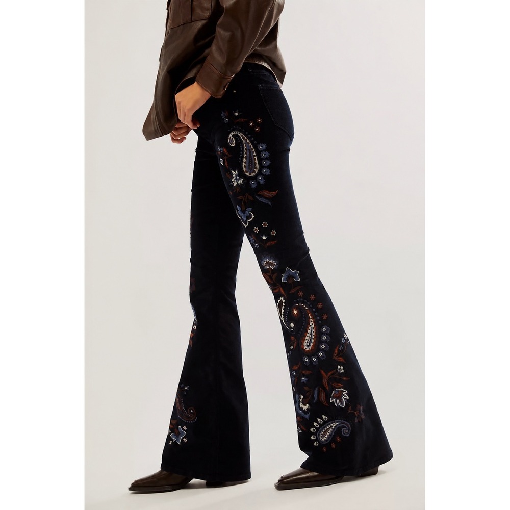 Driftwood Farrah Pants Size 30 Navy Blue Paisley Embroidered Corduroy Flare Boho